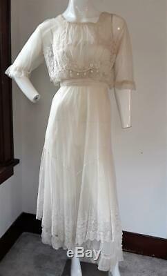 Antique Edwardian Net Crochet Embroidered Tea Dress Excellent Condition