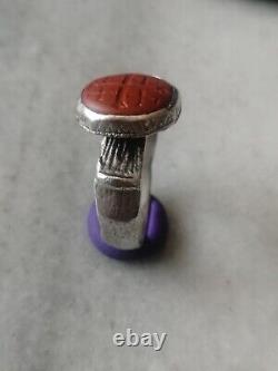 Antique Rare Silver Jerusalim Cross, Seal Signet Ring, Red Jasper Stone US- 8,5