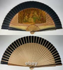 Antique Spanish Hand Fan, Excellent Condition Wood, Linen, Transfer of Valasquez