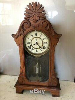 Antique Waterbury Oak Mantel Chiming Clock, Excellent Condition, Circa 1900