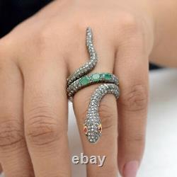 Natural Rosecut Diamond Emerald Snake Shape, 925 Sterling Silver Ring Jewelry