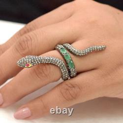 Natural Rosecut Diamond Emerald Snake Shape, 925 Sterling Silver Ring Jewelry