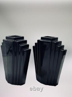 Pair of Vintage Black Art Deco Style Post Modern Vases Excellent Condition