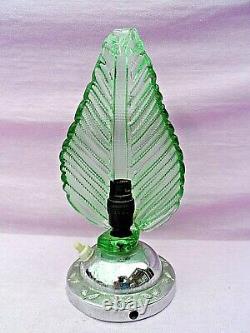 Period Art Deco Green Glass Leaf Table Lamp On Chrome Base Perfect Condition