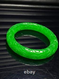 Rare 2piece Certified AAA Icy green Jade jadeite artistic carving bracelets 62mm