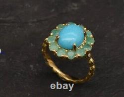 Solid 14k Yellow Gold Natural Turquoise And Emerald Gemstone Flower Shape Ring