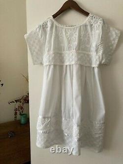 Vintage 1970's White Cotton Embroidered Mexican Mini Dress, Excellent Condition