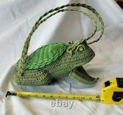 Vintage Green Plastic Coated Wicker Frog Purse Marble Eyes Excellent Condition