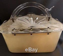 Vintage Lucite Cream Handbag Purse withClear Carved Lucite Top Excellent Condition