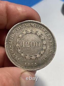1843 Brésil 1200 Reis Pièce Rare, aspect original et en Excellent État