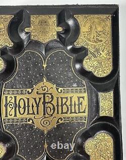 1880 Antique Complete Domestique Sainte Bible Illustré Pages Excellente Condition
