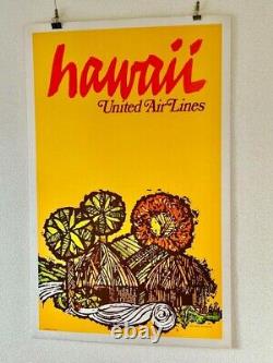 Affiche vintage originale rare UNITED AIRLINES HAWAII 1967 en excellent état