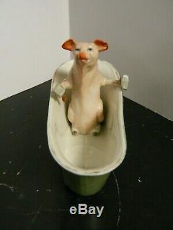 Antique German Pink Pig Pigs Porcelaine Baignoire Figurine Excellent État