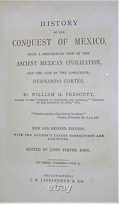 Conquête Du Mexique, Prescott, 1874, Plein Cuir 3 Vol. Set, Excellent État