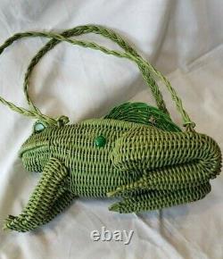 Vintage Vert En Plastique Enduit Wicker Frog Purse Marble Yeux Excellent État