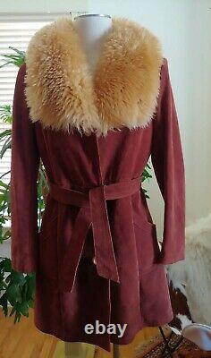 Vtg Retro1970's Suede Leather Med Sheepskin Femmes Coat Mod Condition Excellente